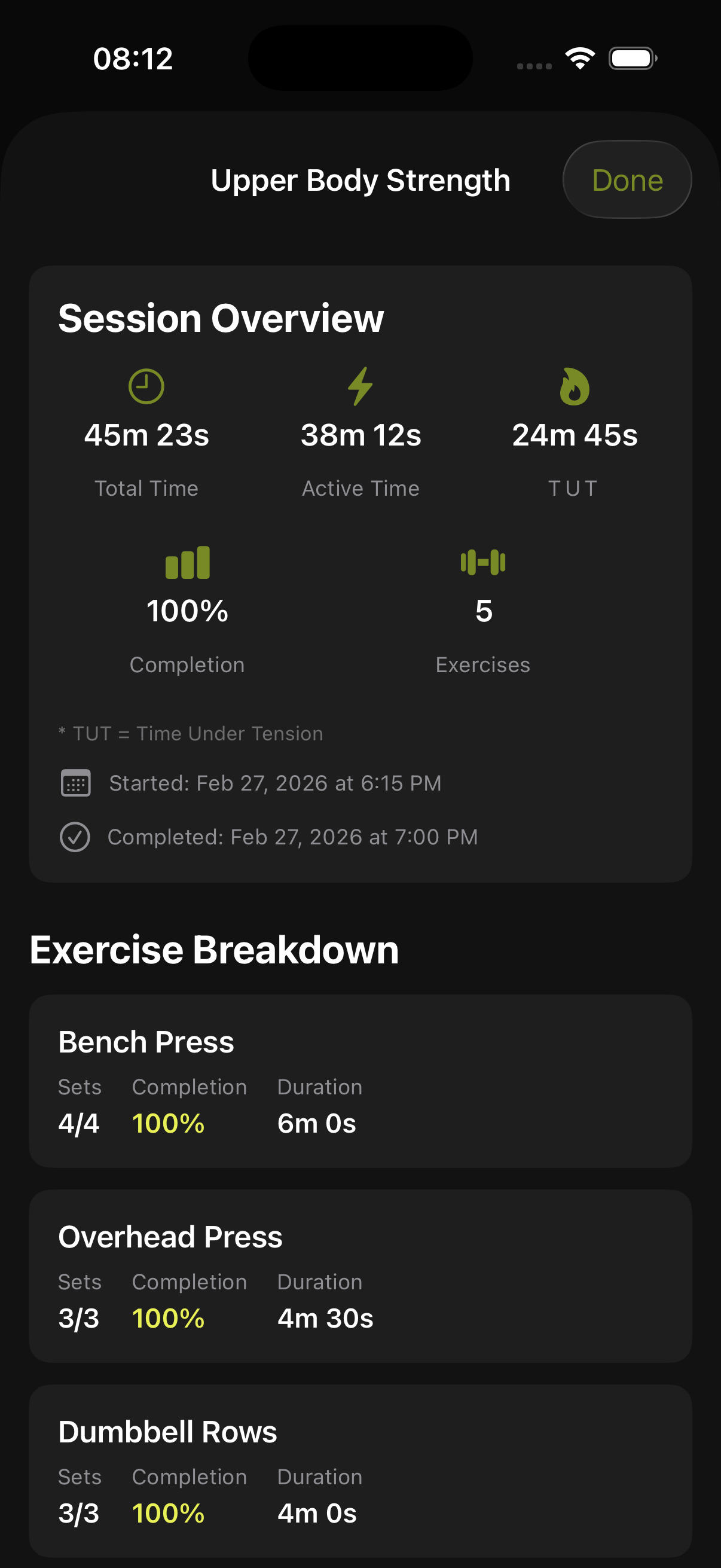 TimerBro session history and TUT breakdown